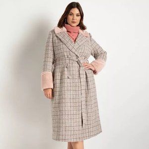 Belted Tweed Coat w/ Faux Fur Detail